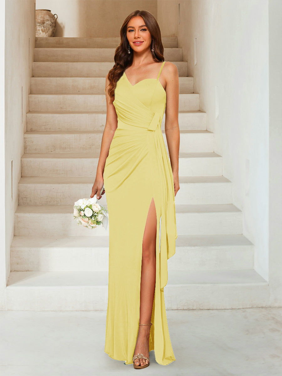Sheath/Column Sweetheart Sleeveless Floor-Length Formal Dresses with Split Side & Ruched Yellow