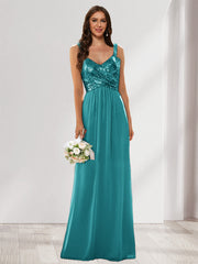 A-Line/Princess V-Neck Sleeveless Sequins Bridesmaid Dresses Aqua Blue