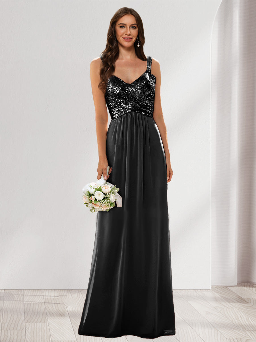 A-Line/Princess V-Neck Sleeveless Sequins Bridesmaid Dresses Black
