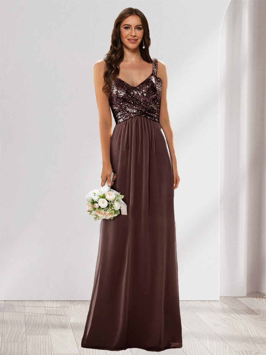 A-Line/Princess V-Neck Sleeveless Sequins Bridesmaid Dresses Brown
