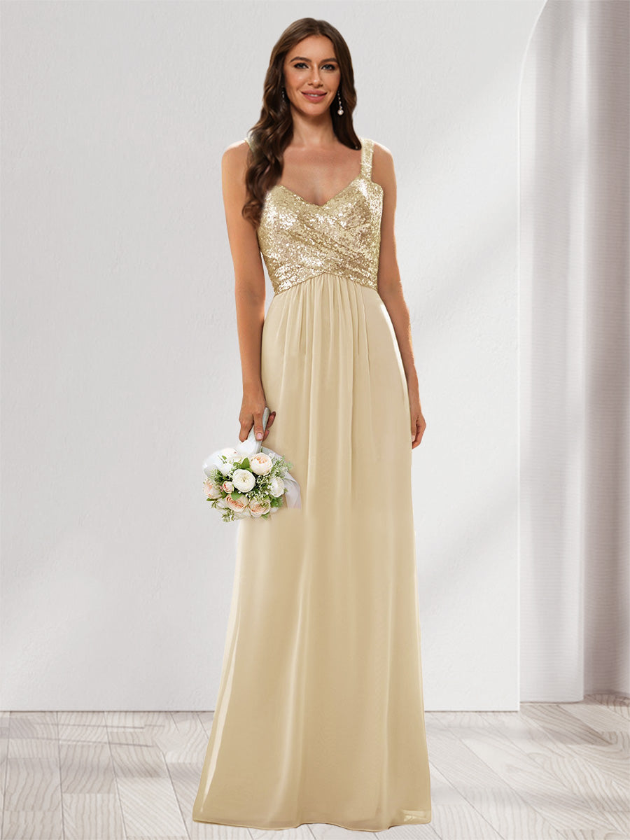 A-Line/Princess V-Neck Sleeveless Sequins Bridesmaid Dresses Champagne