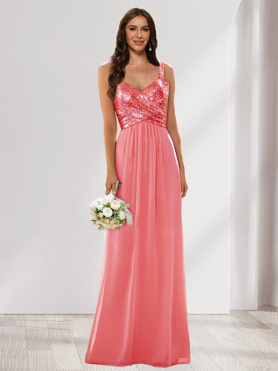 A-Line/Princess V-Neck Sleeveless Sequins Bridesmaid Dresses Coral
