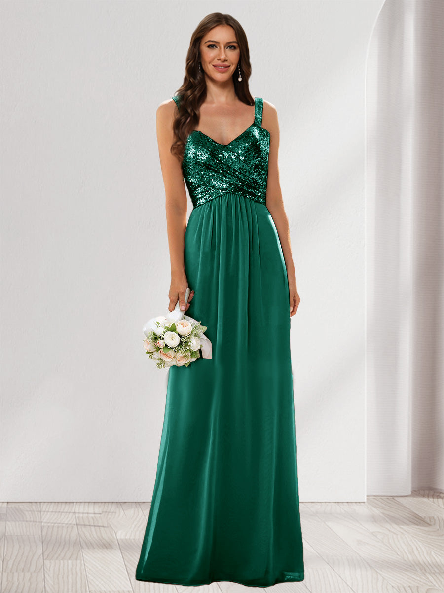 A-Line/Princess V-Neck Sleeveless Sequins Bridesmaid Dresses Dark Green
