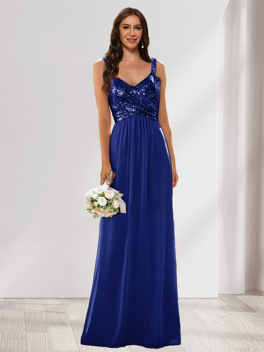 A-Line/Princess V-Neck Sleeveless Sequins Bridesmaid Dresses Dark Royal Blue