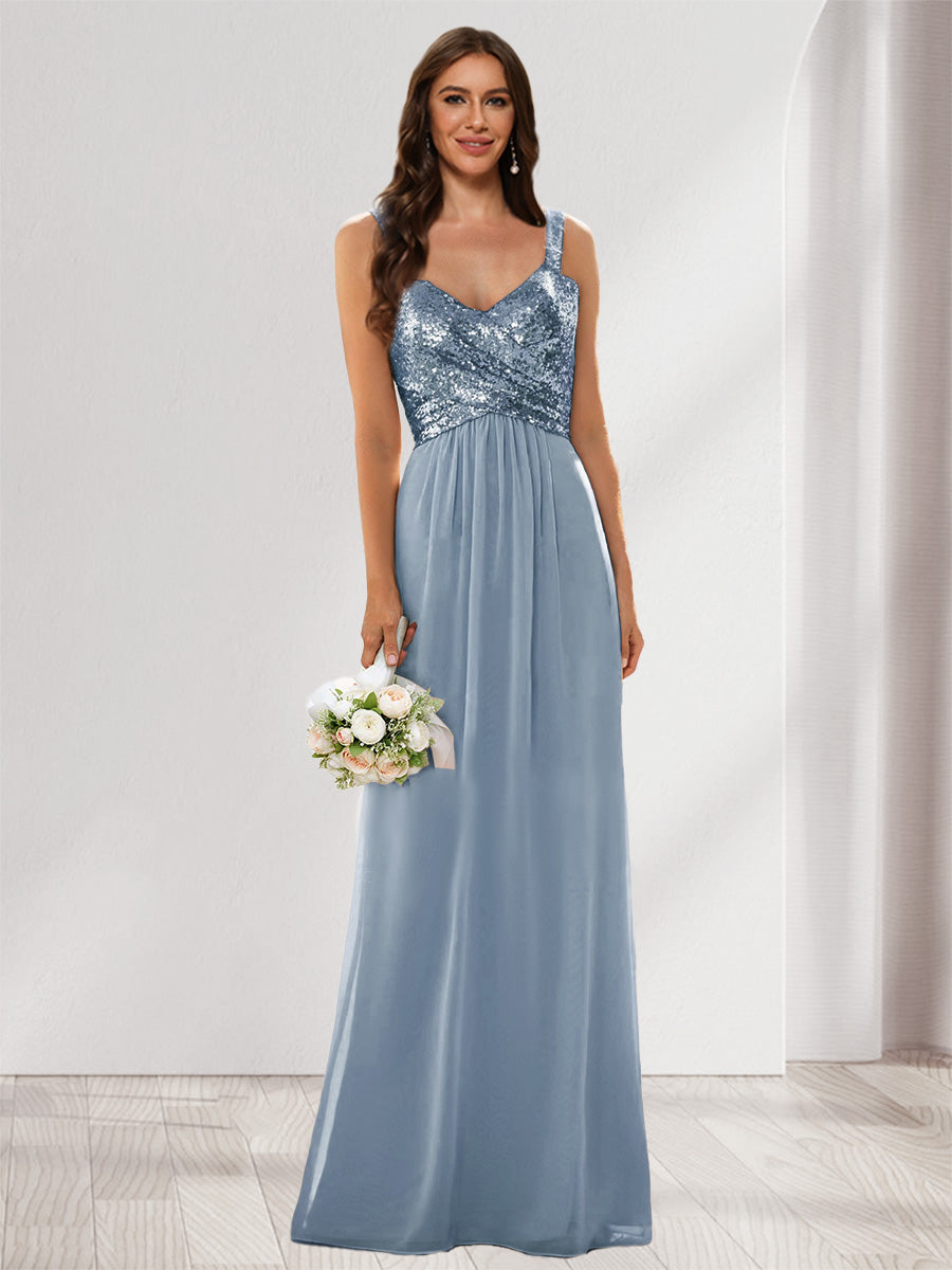 A-Line/Princess V-Neck Sleeveless Sequins Bridesmaid Dresses Dusty Blue