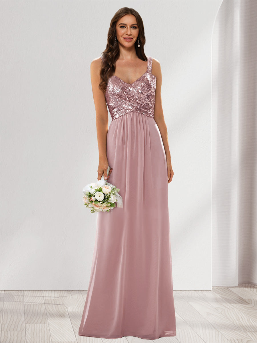A-Line/Princess V-Neck Sleeveless Sequins Bridesmaid Dresses Dusty Pink
