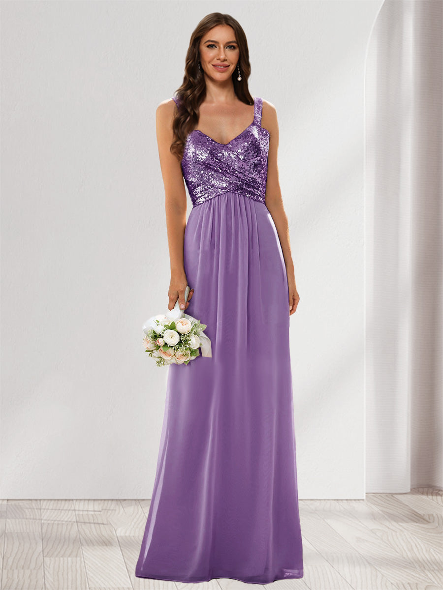A-Line/Princess V-Neck Sleeveless Sequins Bridesmaid Dresses Dusty Purple