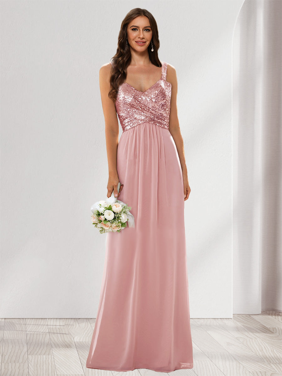 A-Line/Princess V-Neck Sleeveless Sequins Bridesmaid Dresses Dusty Rose