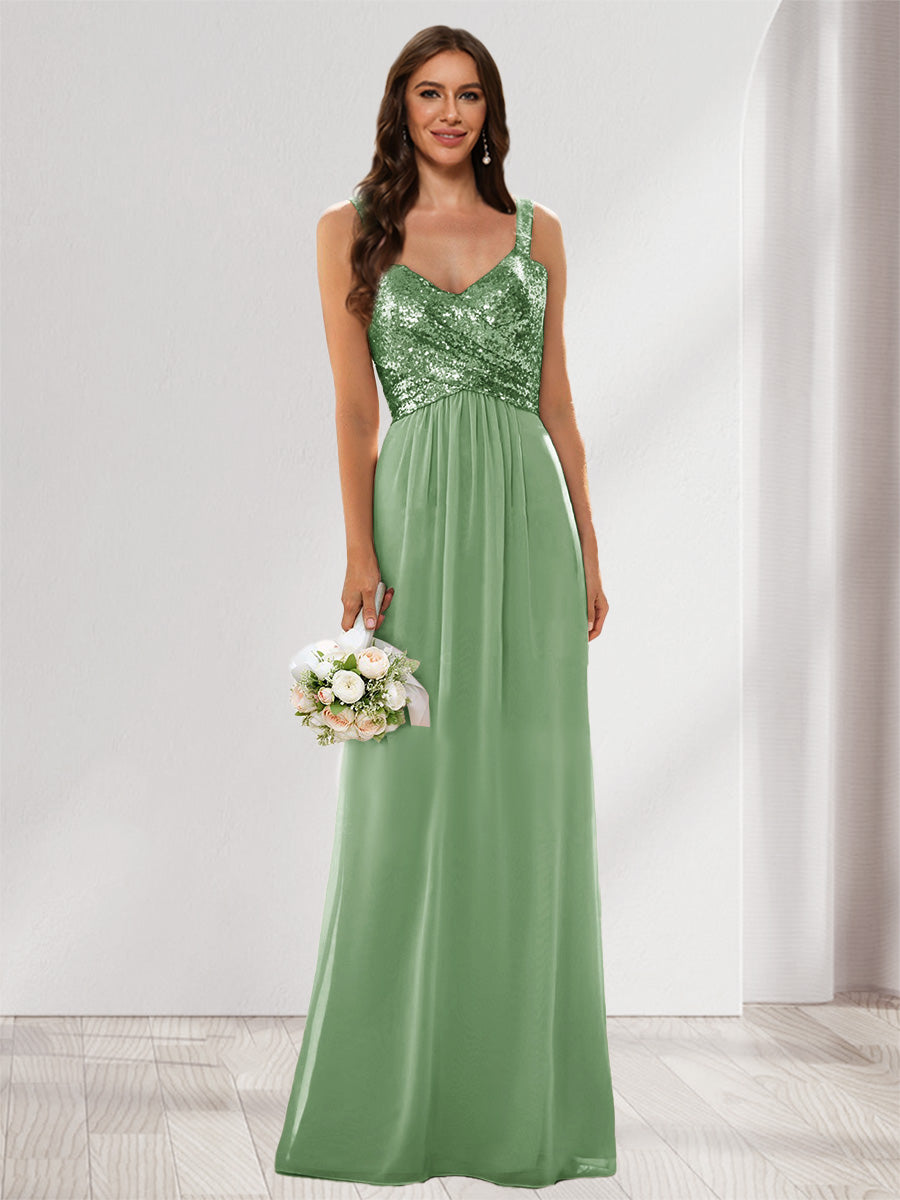 A-Line/Princess V-Neck Sleeveless Sequins Bridesmaid Dresses Dusty Sage