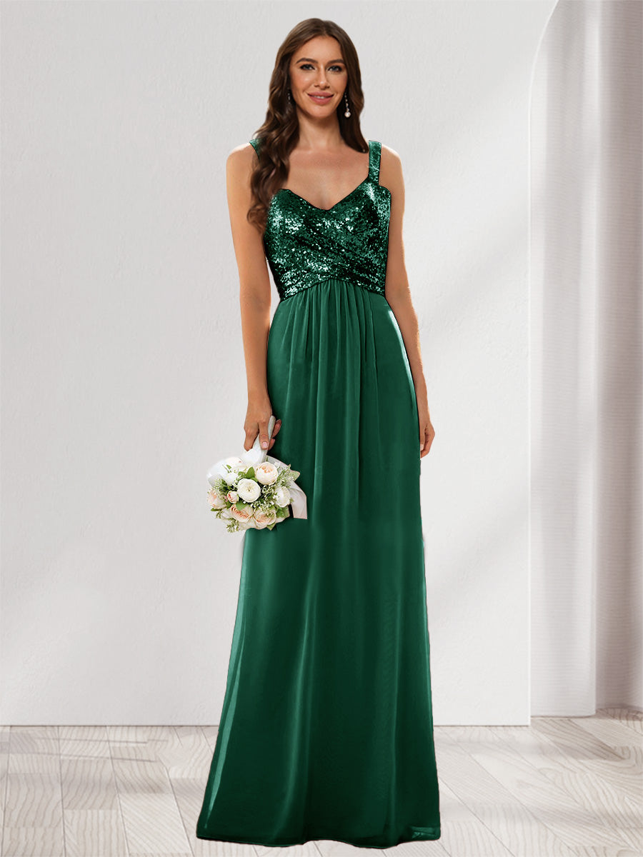 A-Line/Princess V-Neck Sleeveless Sequins Bridesmaid Dresses Emerald
