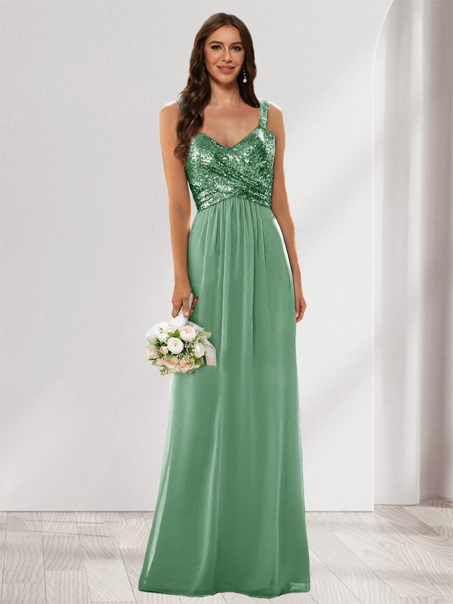 A-Line/Princess V-Neck Sleeveless Sequins Bridesmaid Dresses Eucalyptus
