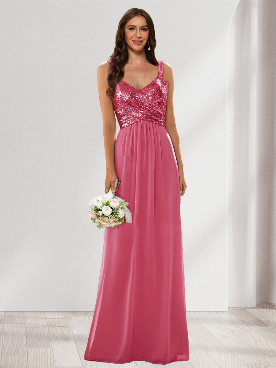 A-Line/Princess V-Neck Sleeveless Sequins Bridesmaid Dresses Fuchsia