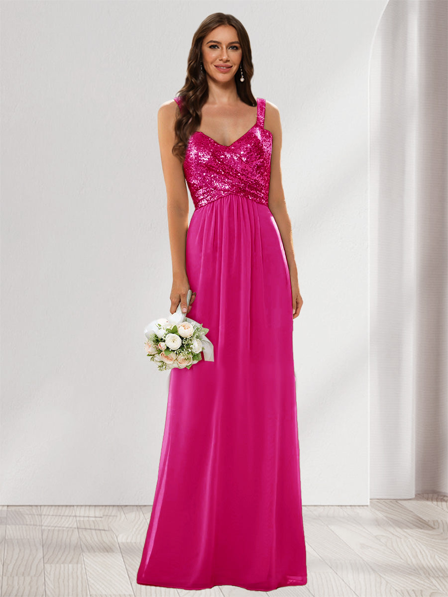 A-Line/Princess V-Neck Sleeveless Sequins Bridesmaid Dresses Fuchsia Pink