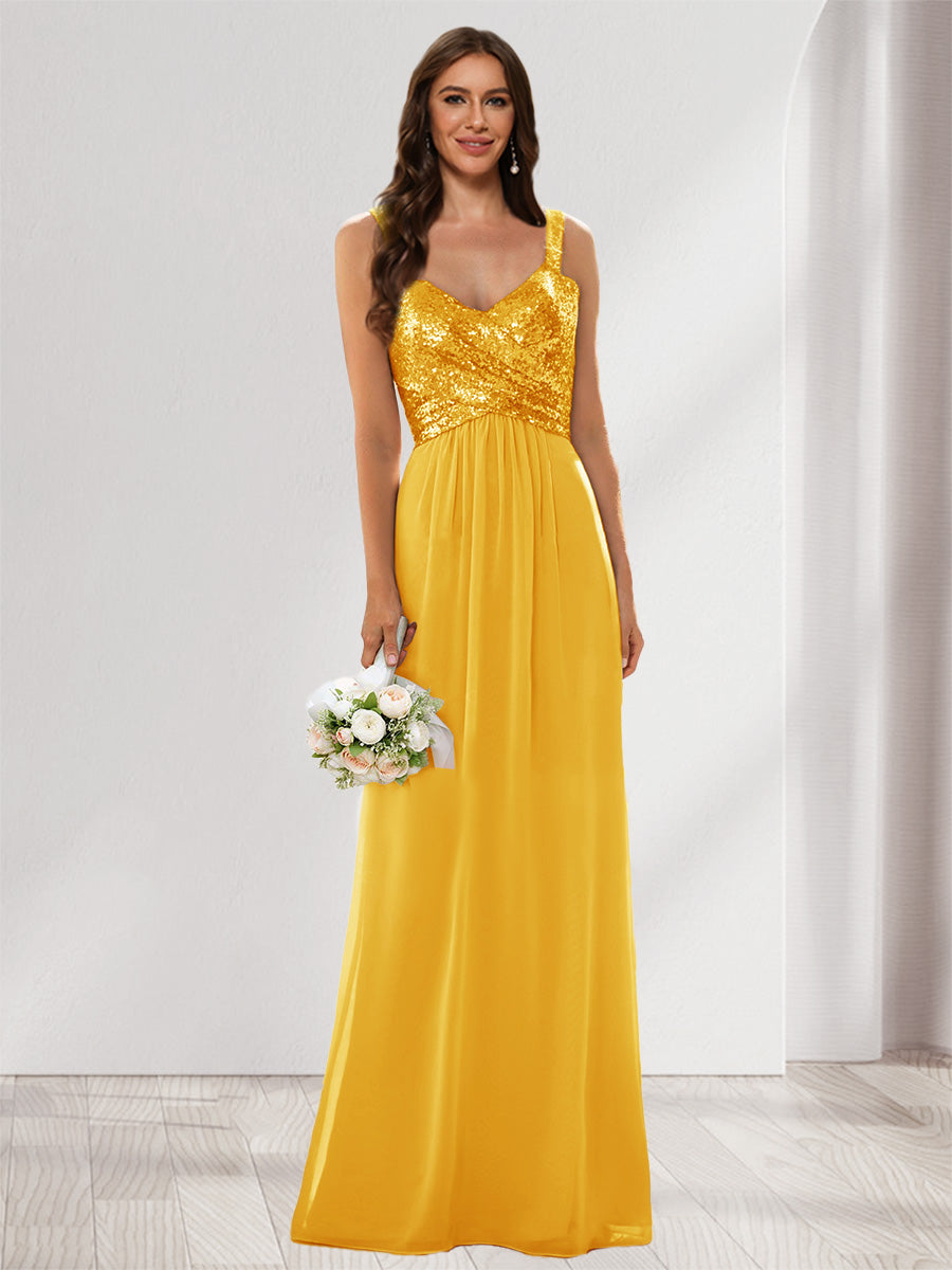 A-Line/Princess V-Neck Sleeveless Sequins Bridesmaid Dresses Gold