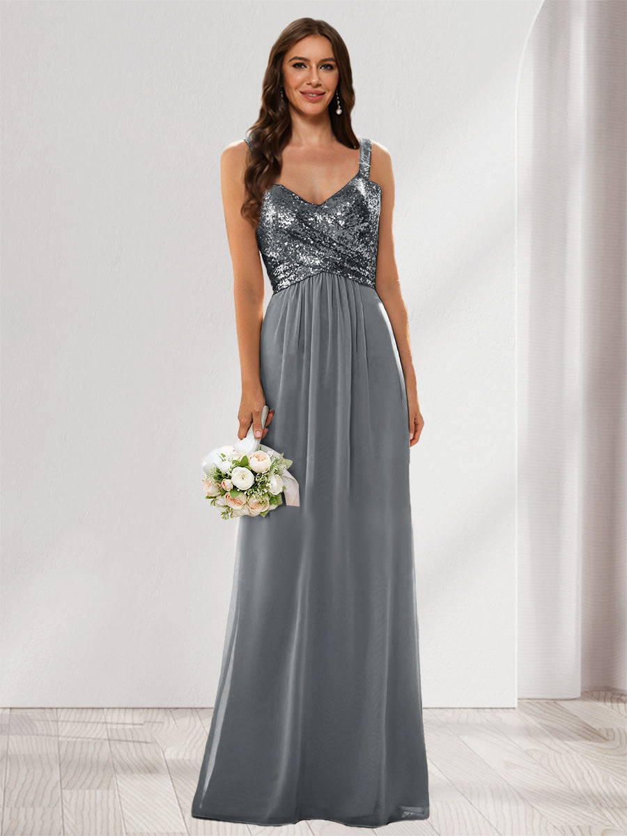 A-Line/Princess V-Neck Sleeveless Sequins Bridesmaid Dresses Gray