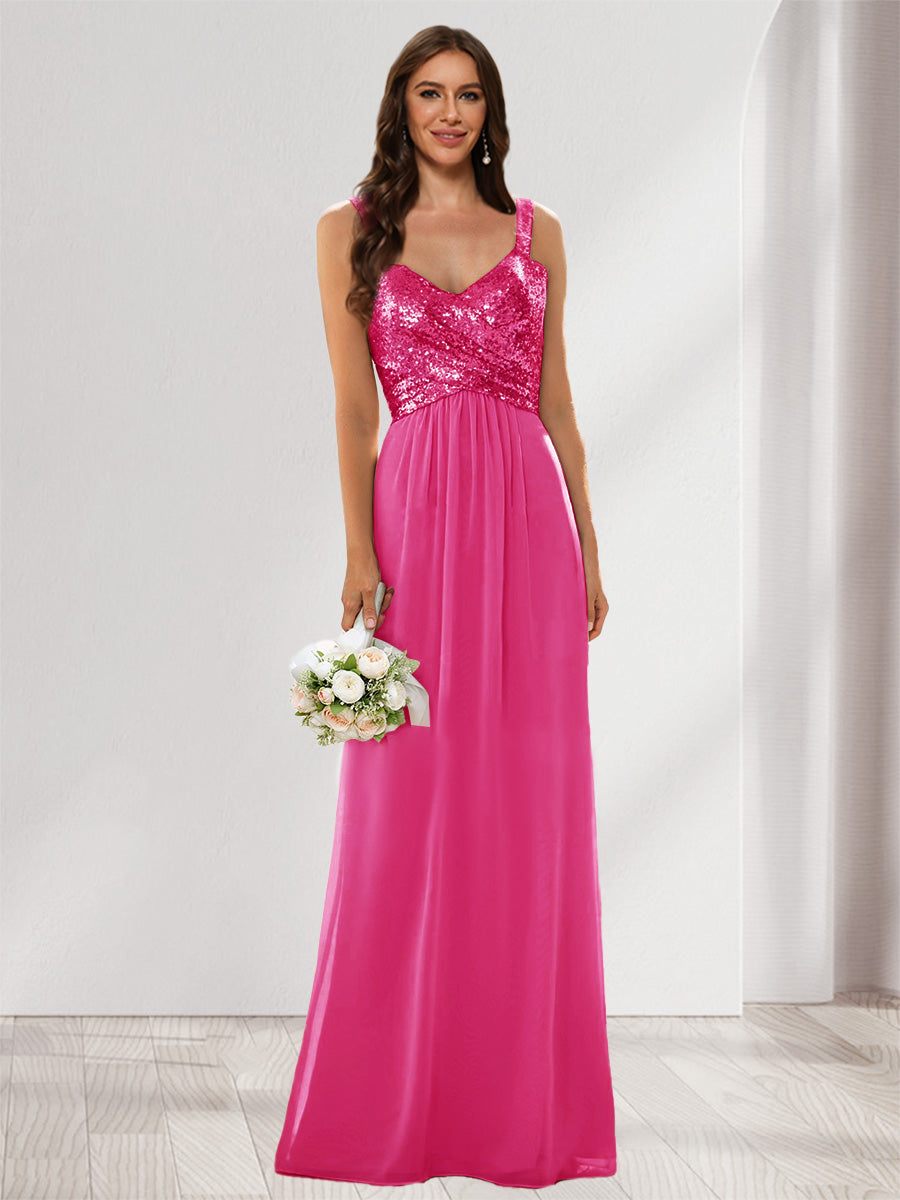A-Line/Princess V-Neck Sleeveless Sequins Bridesmaid Dresses Hot Pink