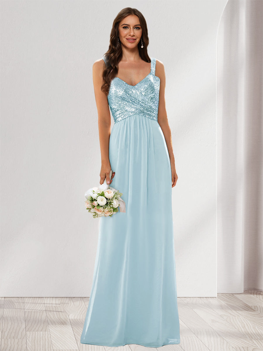 A-Line/Princess V-Neck Sleeveless Sequins Bridesmaid Dresses Light Blue