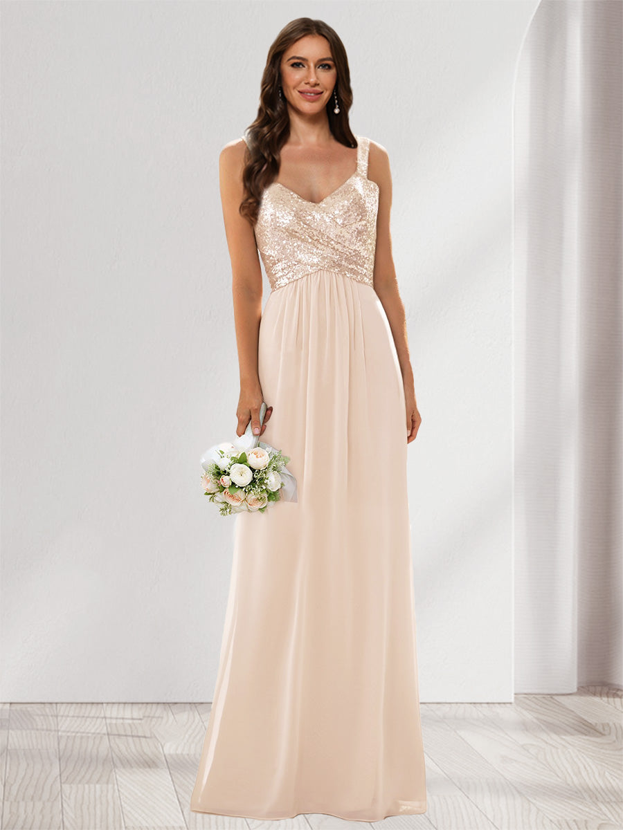 A-Line/Princess V-Neck Sleeveless Sequins Bridesmaid Dresses Light Champagne