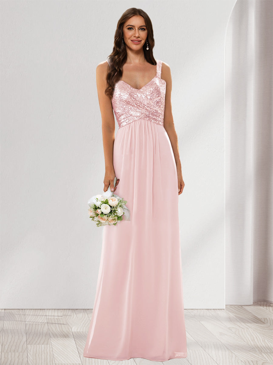 A-Line/Princess V-Neck Sleeveless Sequins Bridesmaid Dresses Light Pink