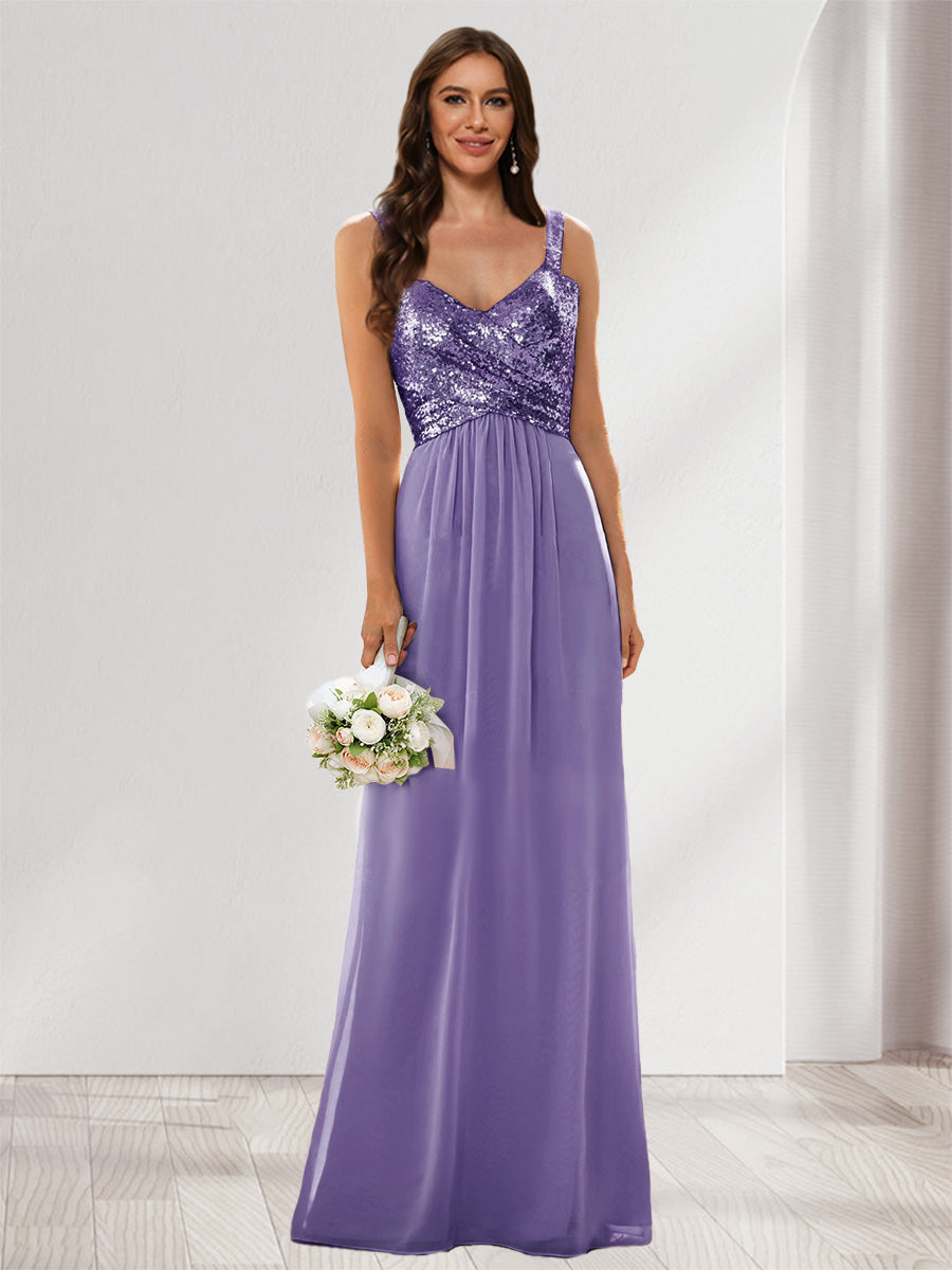 A-Line/Princess V-Neck Sleeveless Sequins Bridesmaid Dresses Light Purple
