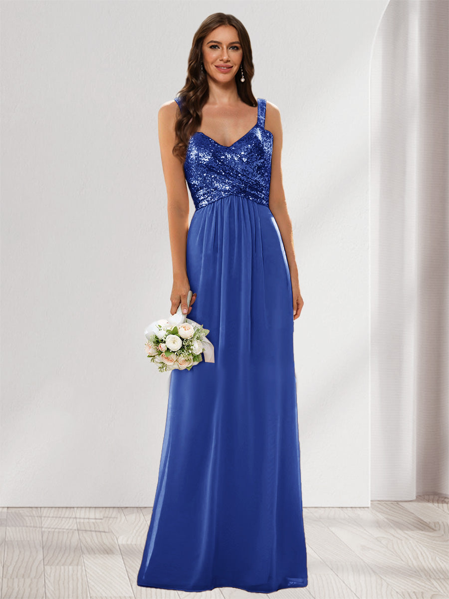A-Line/Princess V-Neck Sleeveless Sequins Bridesmaid Dresses Light Royal Blue