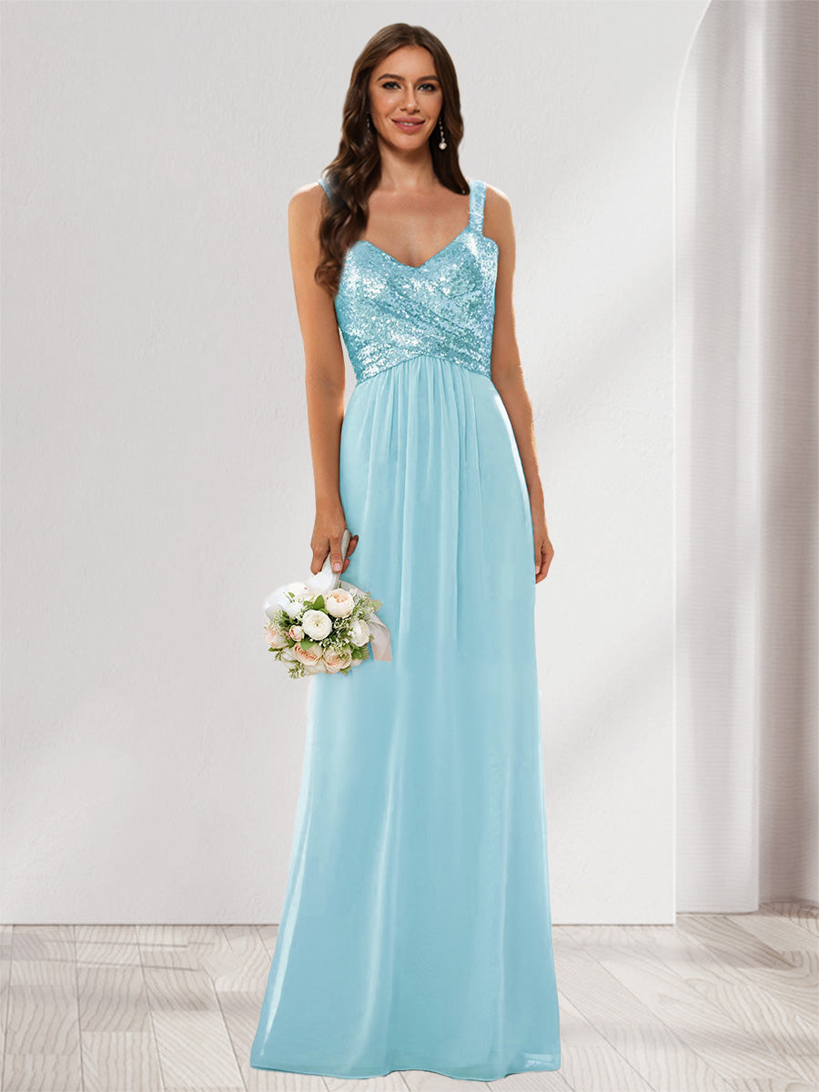 A-Line/Princess V-Neck Sleeveless Sequins Bridesmaid Dresses Light Sky Blue