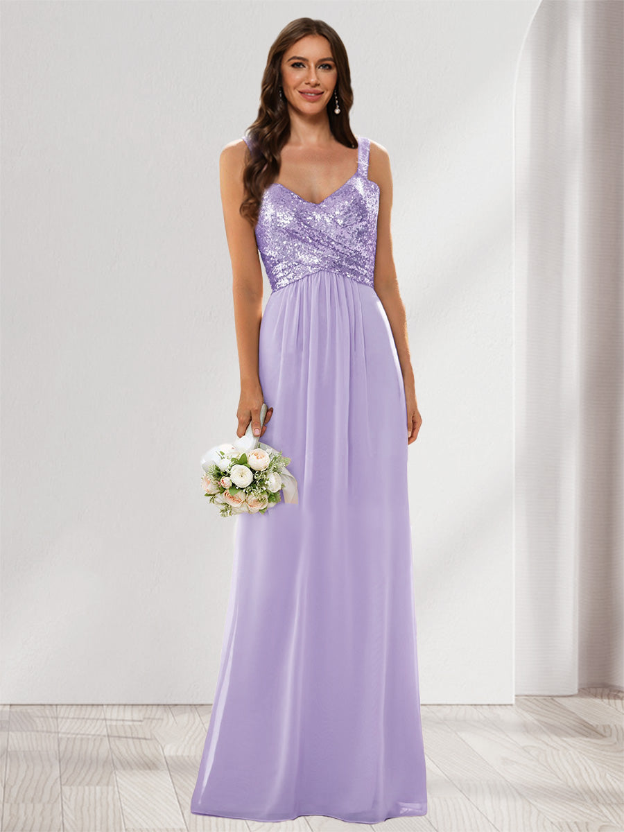 A-Line/Princess V-Neck Sleeveless Sequins Bridesmaid Dresses Lilac