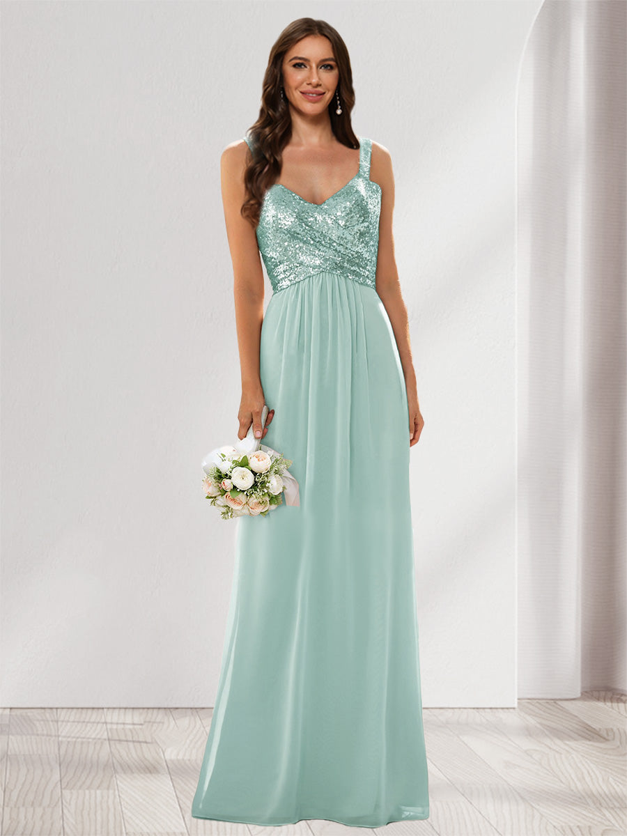 A-Line/Princess V-Neck Sleeveless Sequins Bridesmaid Dresses Mist Blue