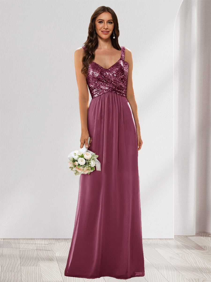 A-Line/Princess V-Neck Sleeveless Sequins Bridesmaid Dresses Mulberry