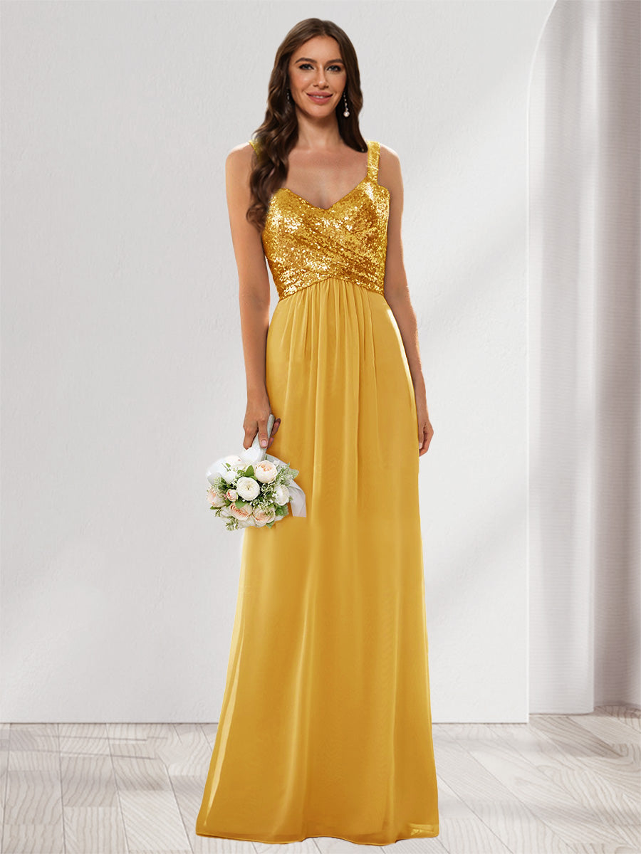 A-Line/Princess V-Neck Sleeveless Sequins Bridesmaid Dresses Mustard Yellow
