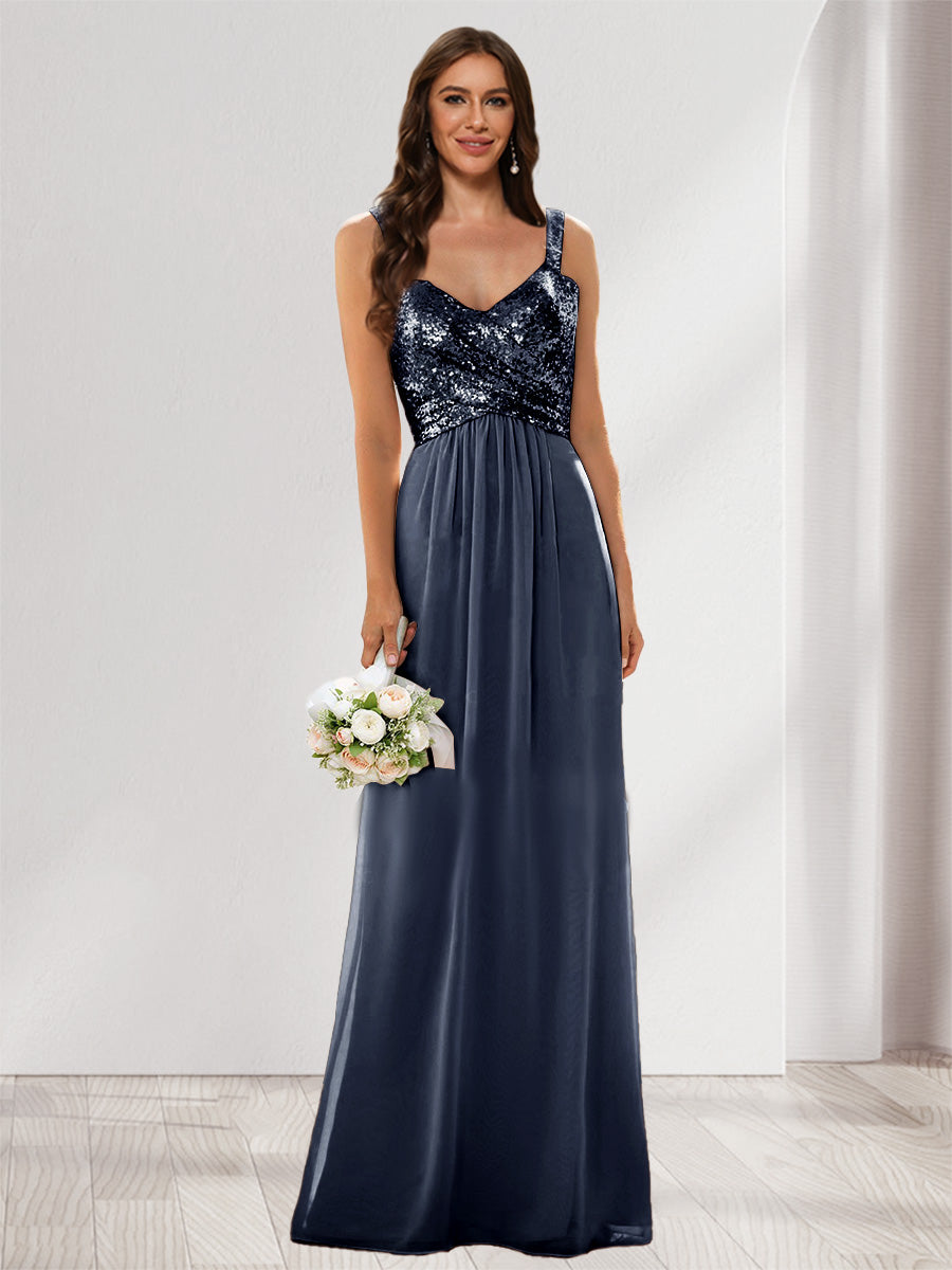 A-Line/Princess V-Neck Sleeveless Sequins Bridesmaid Dresses Navy Blue