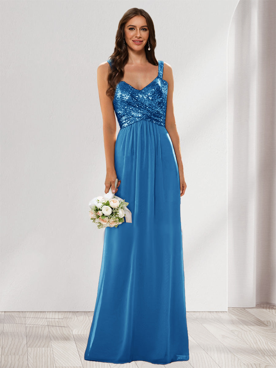 A-Line/Princess V-Neck Sleeveless Sequins Bridesmaid Dresses Ocean Blue