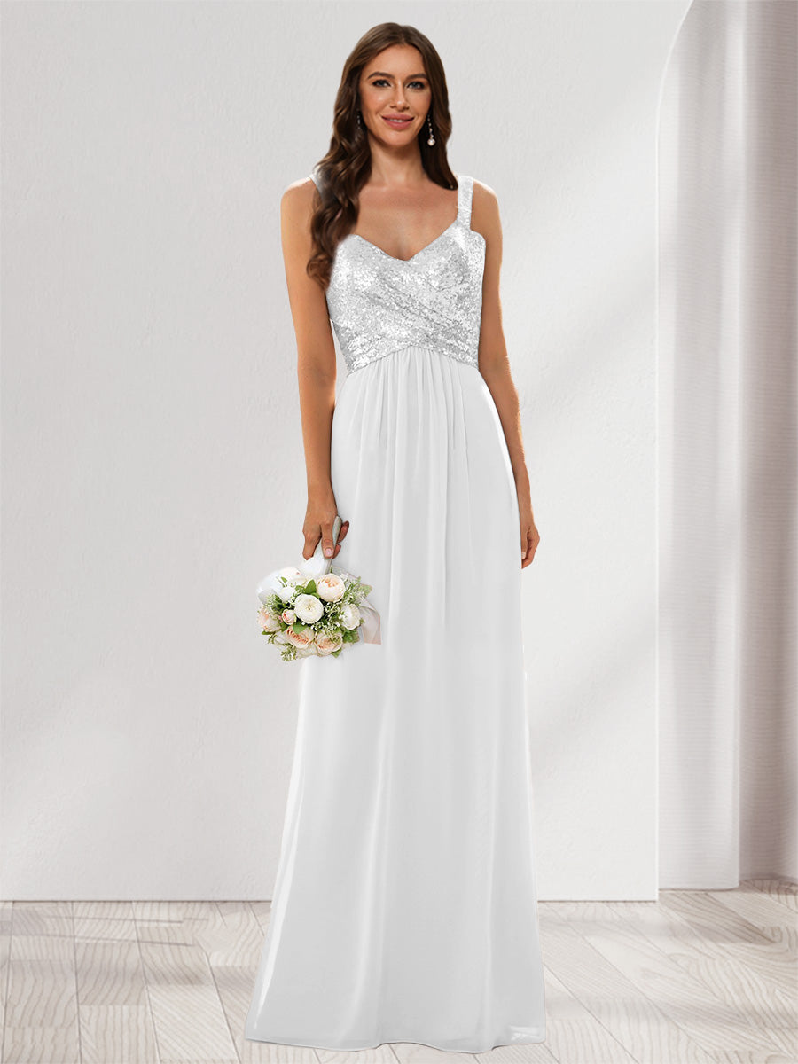 A-Line/Princess V-Neck Sleeveless Sequins Bridesmaid Dresses Off White