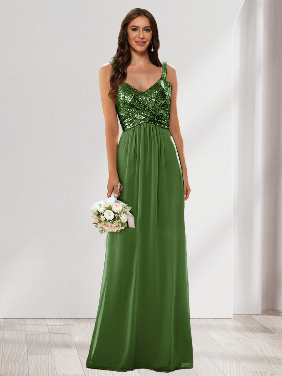 A-Line/Princess V-Neck Sleeveless Sequins Bridesmaid Dresses Olive Green