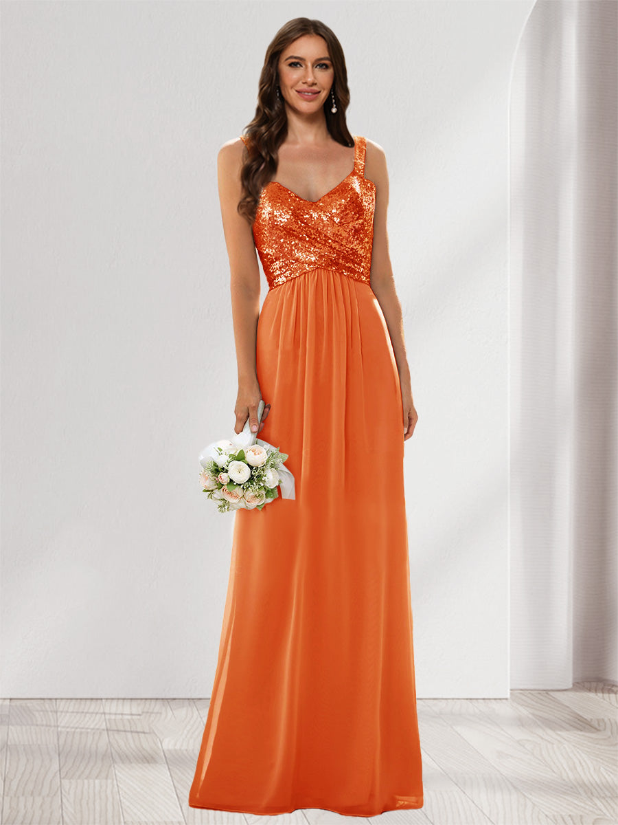 A-Line/Princess V-Neck Sleeveless Sequins Bridesmaid Dresses Orange