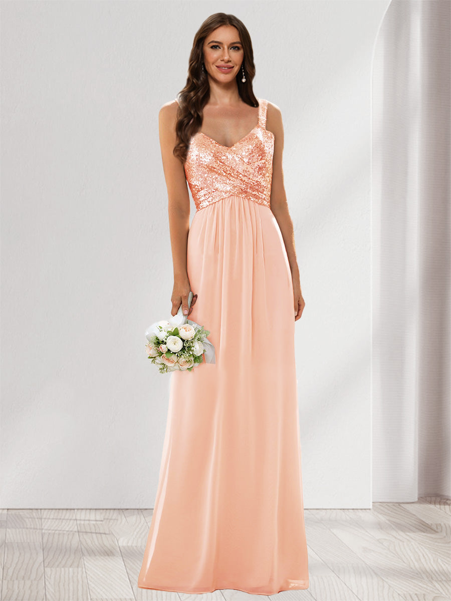 A-Line/Princess V-Neck Sleeveless Sequins Bridesmaid Dresses Peach Pink