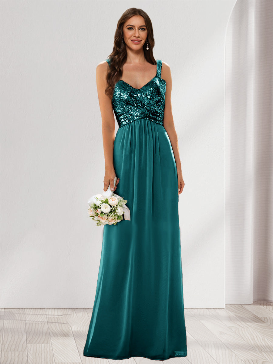 A-Line/Princess V-Neck Sleeveless Sequins Bridesmaid Dresses Peacock
