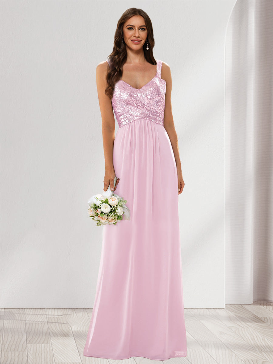 A-Line/Princess V-Neck Sleeveless Sequins Bridesmaid Dresses Pink