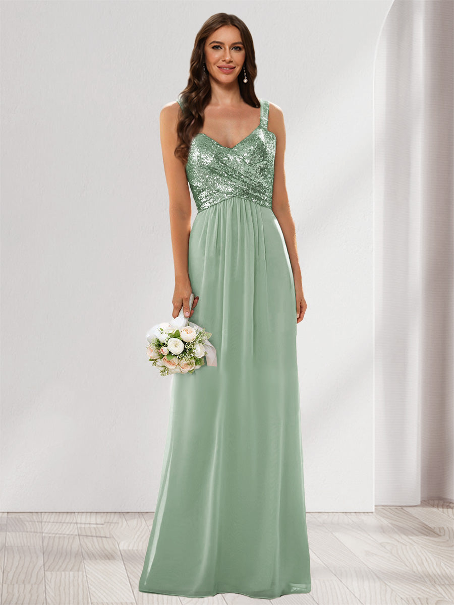 A-Line/Princess V-Neck Sleeveless Sequins Bridesmaid Dresses Sage