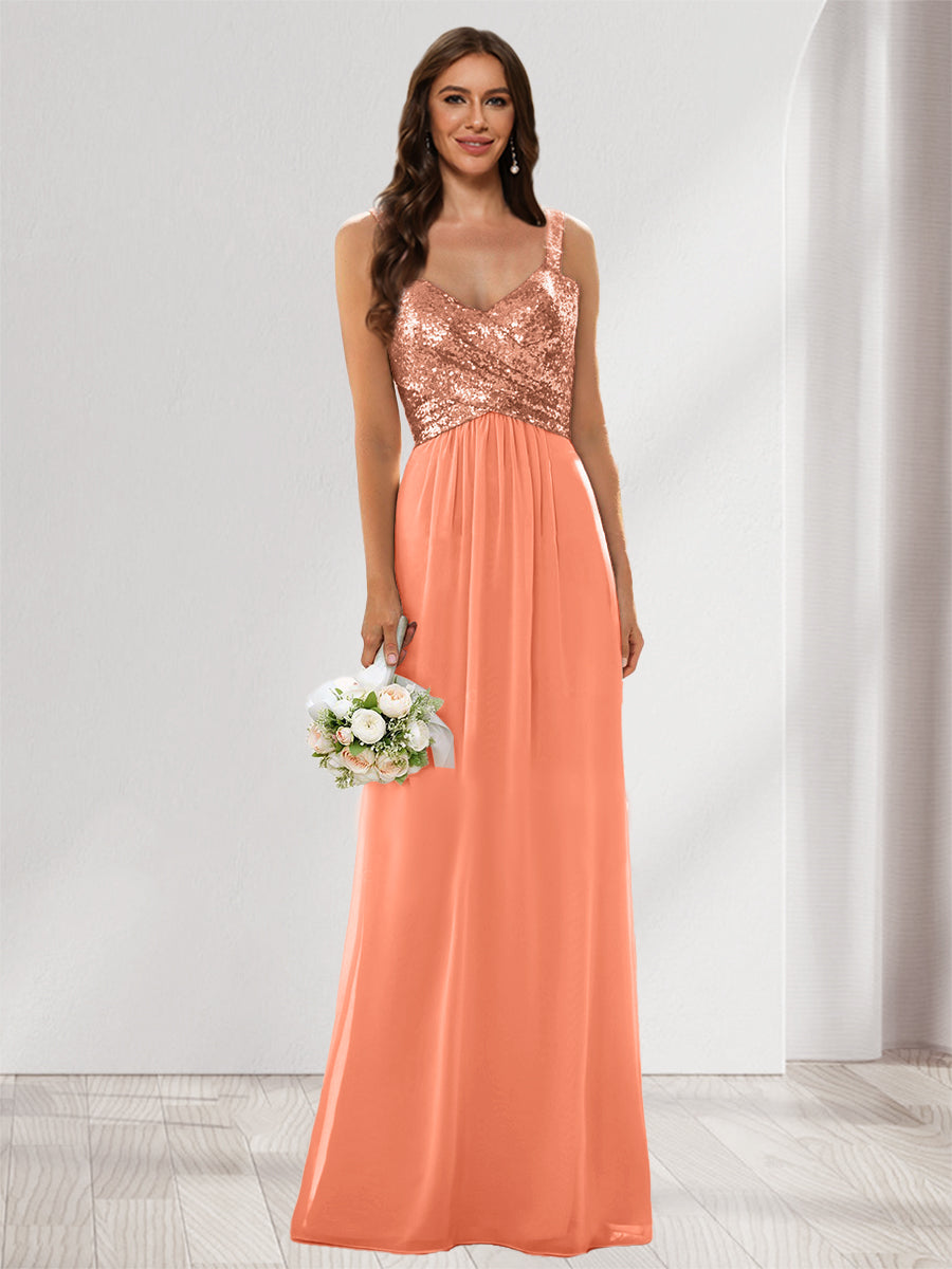 A-Line/Princess V-Neck Sleeveless Sequins Bridesmaid Dresses Salmon