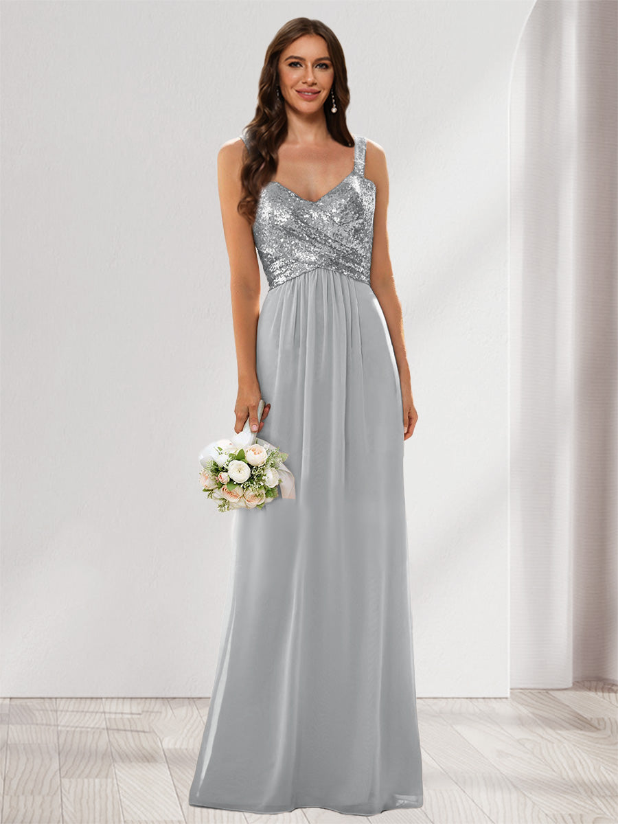 A-Line/Princess V-Neck Sleeveless Sequins Bridesmaid Dresses Silver