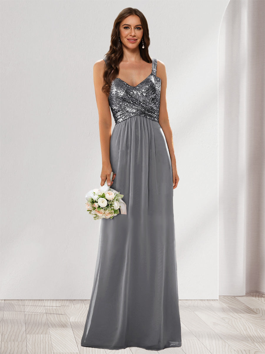 A-Line/Princess V-Neck Sleeveless Sequins Bridesmaid Dresses Silver Gray