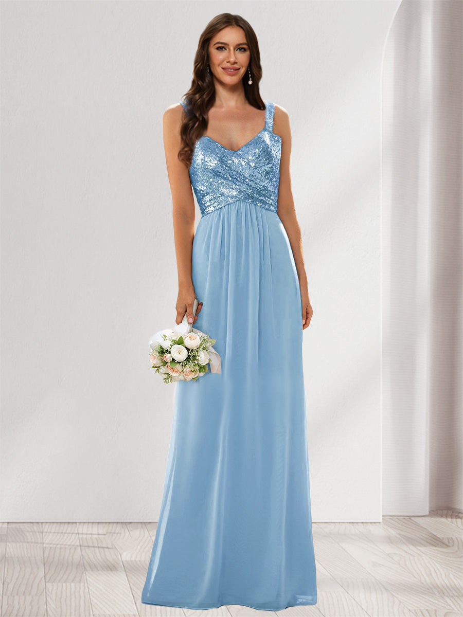 A-Line/Princess V-Neck Sleeveless Sequins Bridesmaid Dresses Sky Blue
