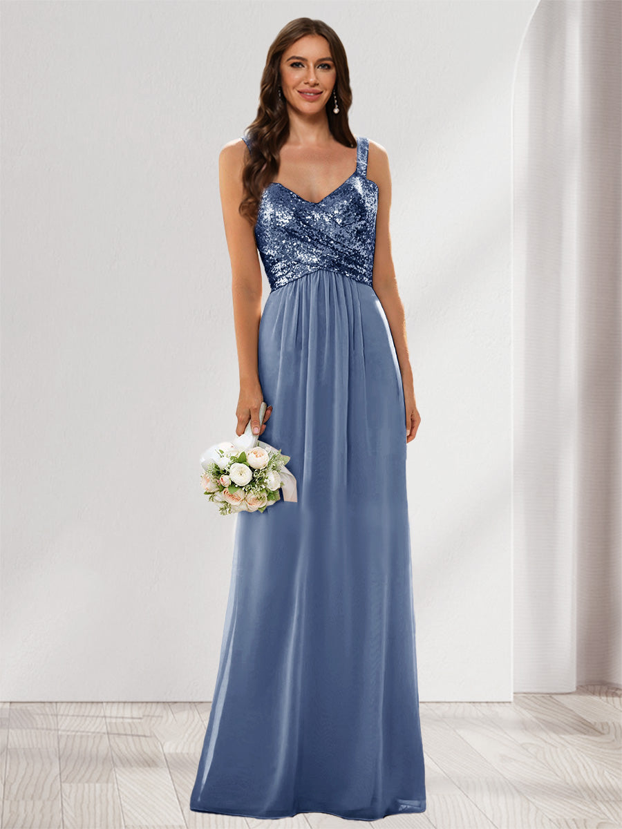 A-Line/Princess V-Neck Sleeveless Sequins Bridesmaid Dresses Steel Blue