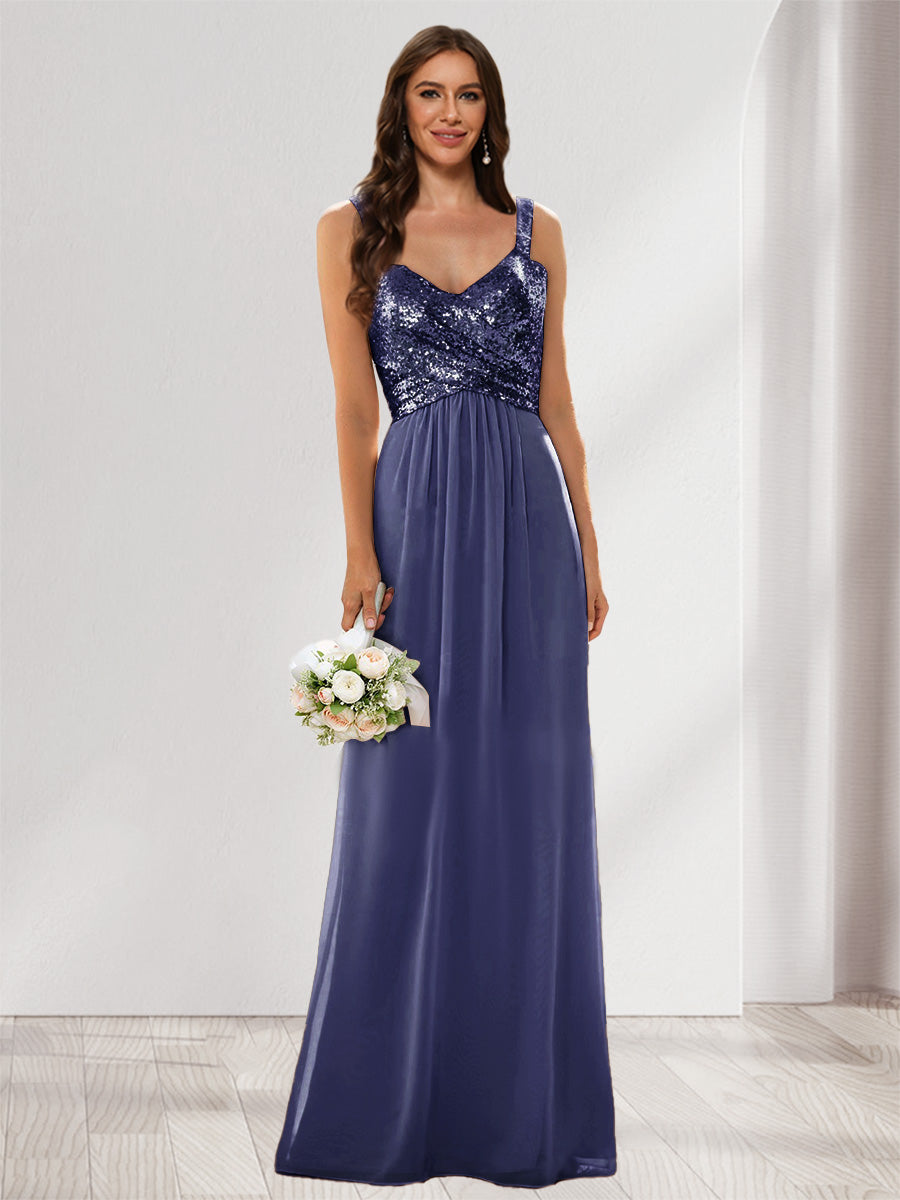 A-Line/Princess V-Neck Sleeveless Sequins Bridesmaid Dresses Stormy Blue