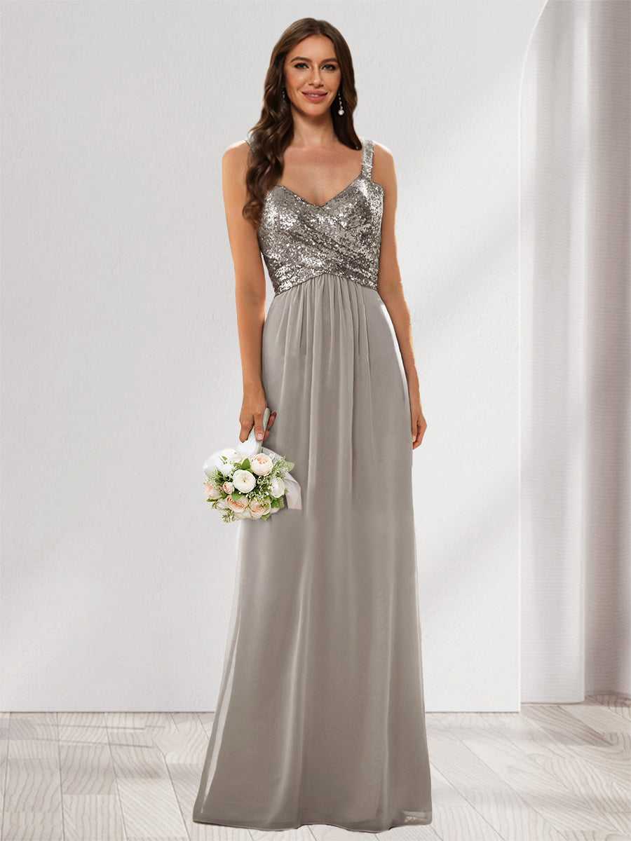 A-Line/Princess V-Neck Sleeveless Sequins Bridesmaid Dresses Taupe