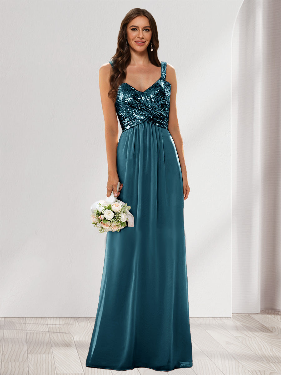 A-Line/Princess V-Neck Sleeveless Sequins Bridesmaid Dresses Teal