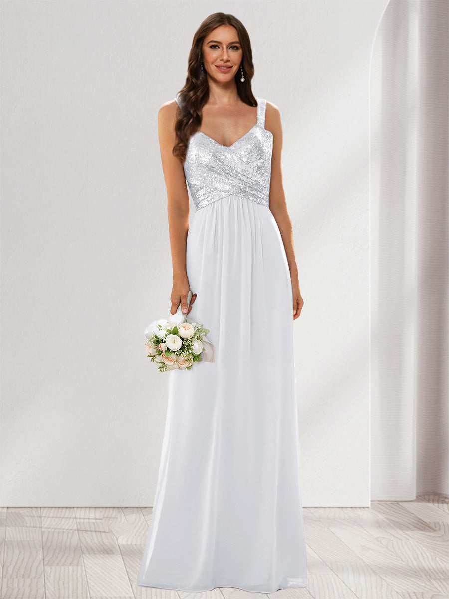 A-Line/Princess V-Neck Sleeveless Sequins Bridesmaid Dresses White