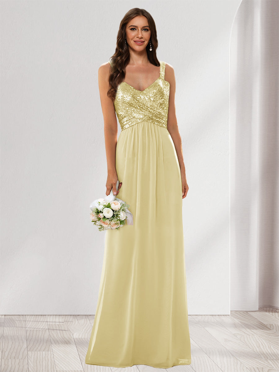 A-Line/Princess V-Neck Sleeveless Sequins Bridesmaid Dresses Yellow