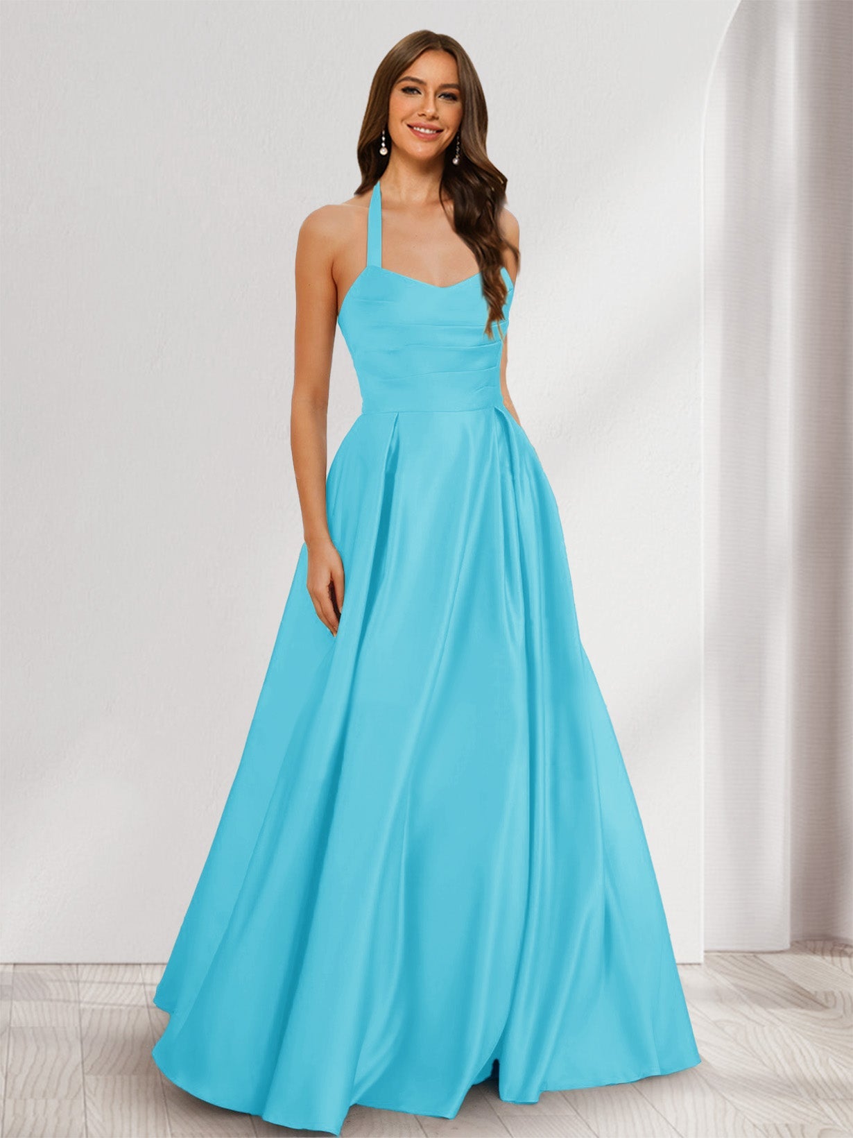 A-Line/Princess Halter Sleeveless Ruched Bridesmaid Dresses Aqua Blue